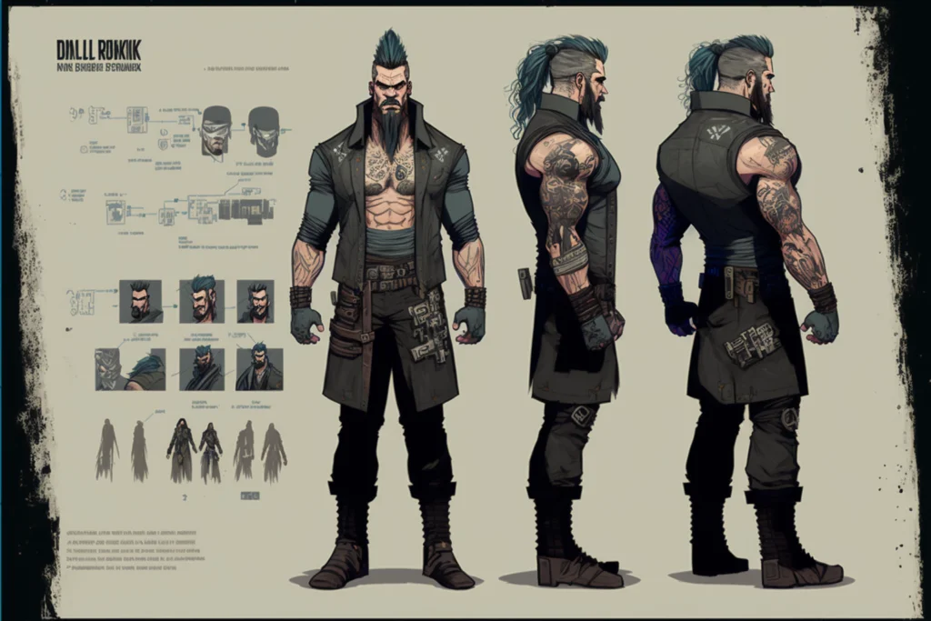 Midjourney generated AI character design reference turnaround sheet