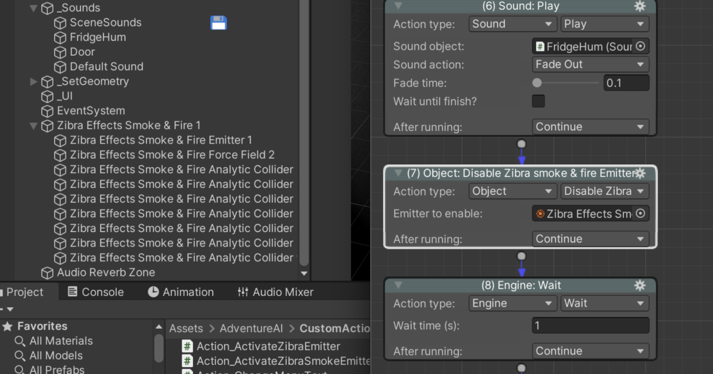Adventure Creator action list for enabling and disabling the realtime smoke & fire simulation effects on command